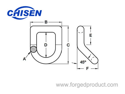 1 inch Bent D Shaped Lashing Ring, Angled D-Ring, Dimension