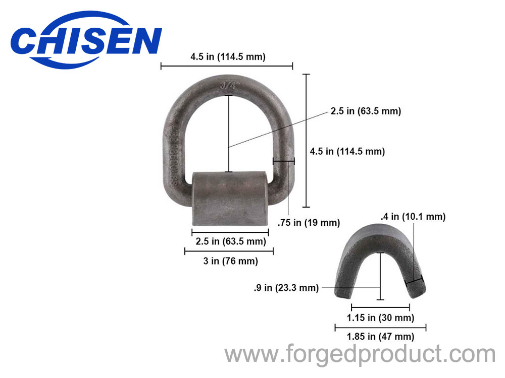 3/4 inch Forged Weld-On D Lashing Ring Dimension